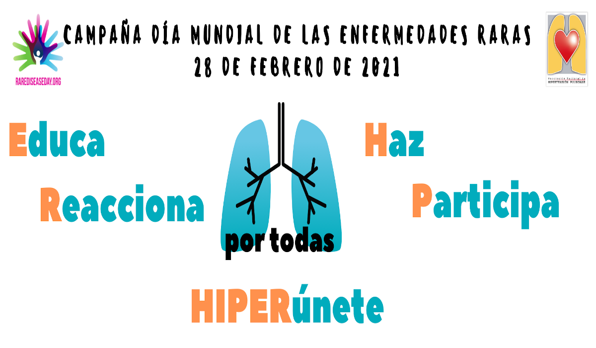 Imagen de la campaña del día mundial de las enfermedades raras en la que aparece unos pulmones dibujados y las palabras educa, reacciona, paz y participa.